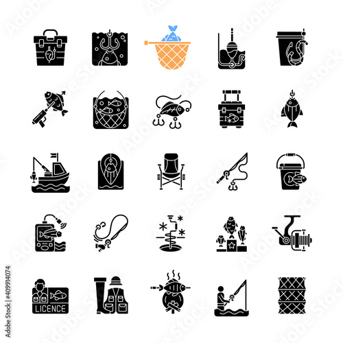 Fishing equipment black glyph icons set on white space. Fishing lounger chair. Cooking freshly caught fish. Fish finder, Fishing tournament. Silhouette symbols. Vector isolated illustration