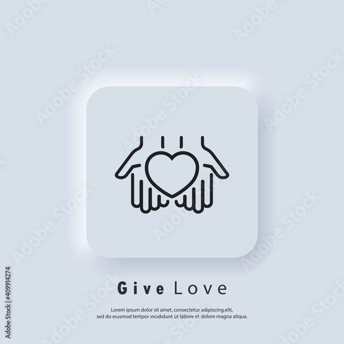 Volunteer icon. Give love icon. Hands holding heart. Relationship. Love concept. Heart symbol. Vector. Neumorphic UI UX white user interface web button. Neumorphism