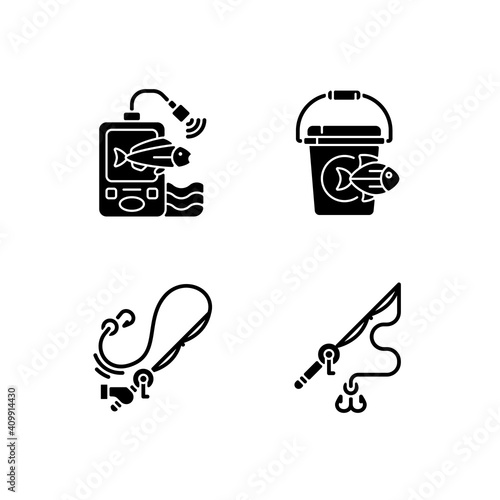 Tools for fishing black glyph icons set on white space. Special fishers equipment. Hobby and leasure activity. Casting spinning. Rod with hooks. Silhouette symbols. Vector isolated illustration