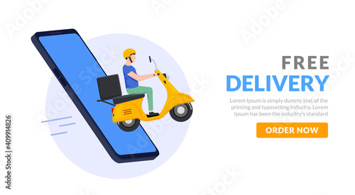 Free delivery boy phone service. Delivery man food or pizza motorcycle service, online order courier