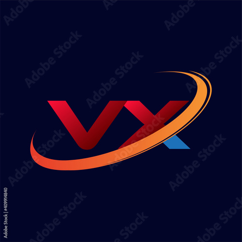 initial letter VX logotype company name colored red and orange swoosh design. isolated on dark background. photo