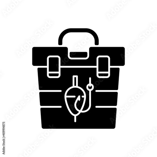 Tackle box black glyph icon. Fishing suitcase. Fishing gear. Leisure. Container with rods, floats, hooks, baits. Special equipment. Silhouette symbol on white space. Vector isolated illustration
