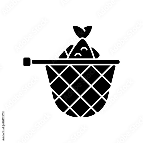 Landing net black glyph icon. Special fishing equipment. Seafood. Fish in landing net. Fishing contest. Fisherman catch fish. Silhouette symbol on white space. Vector isolated illustration