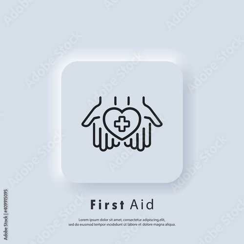First aid icon. Hands holding heart with cross. Medical pharmacy logo. Vector. Neumorphic UI UX white user interface web button. Neumorphism