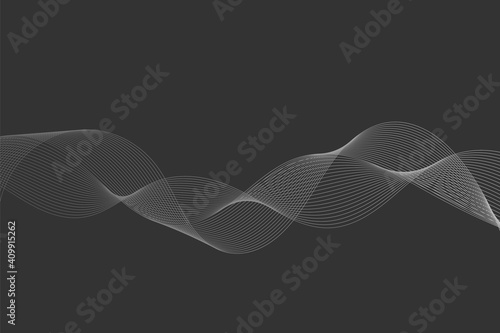 Abstract smoke effect with lines. Gentle gray gradient wave. Dark background. Smooth curves. Stripes intertwined design element. Frequency signal. Advertising banner. Vector illustration, clip art.
