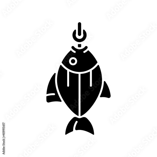 Fish on hook black glyph icon. Fishing tournament. Anglers trophy. Sea food restoration. Commercial fishing process. Active rest. Silhouette symbol on white space. Vector isolated illustration