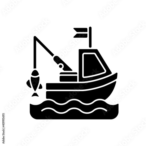 Boat fishing black glyph icon. Commercial fishing. Fresh sea food. License for fishing from boat. Fishing trawler on water. Silhouette symbol on white space. Vector isolated illustration