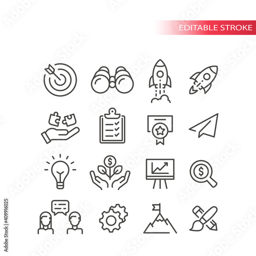 Business startup line vector icon set. Growth, start up development and launch icons. Outline, editable stroke.