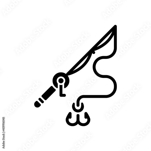 Fishing rod and reel black glyph icon. Basic fishing gear. Carbon matherial. Fishing tournament. Ocean fishing, spinnerbait. Silhouette symbol on white space. Vector isolated illustration