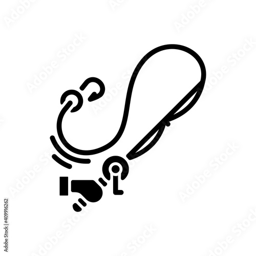 Casting the rod black glyph icon. Carbon matherial. Fishing tournament. Ocean fishing, spinnerbait. Throwing spinning machinery. Silhouette symbol on white space. Vector isolated illustration