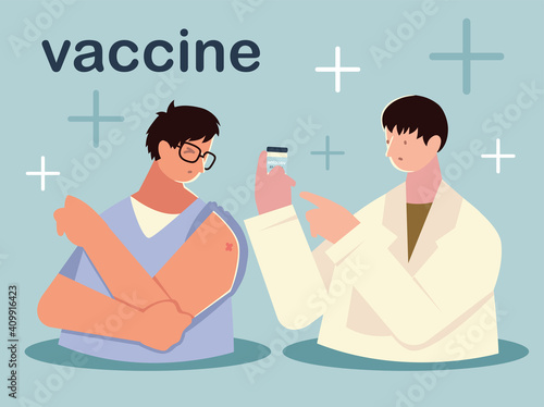 vaccine doctor with vial and patient character