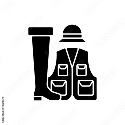 Fishermans clothing and accessories black glyph icon. Specail wearing for comfortable fishing. Hobby and leasure idea. Silhouette symbol on white space. Vector isolated illustration