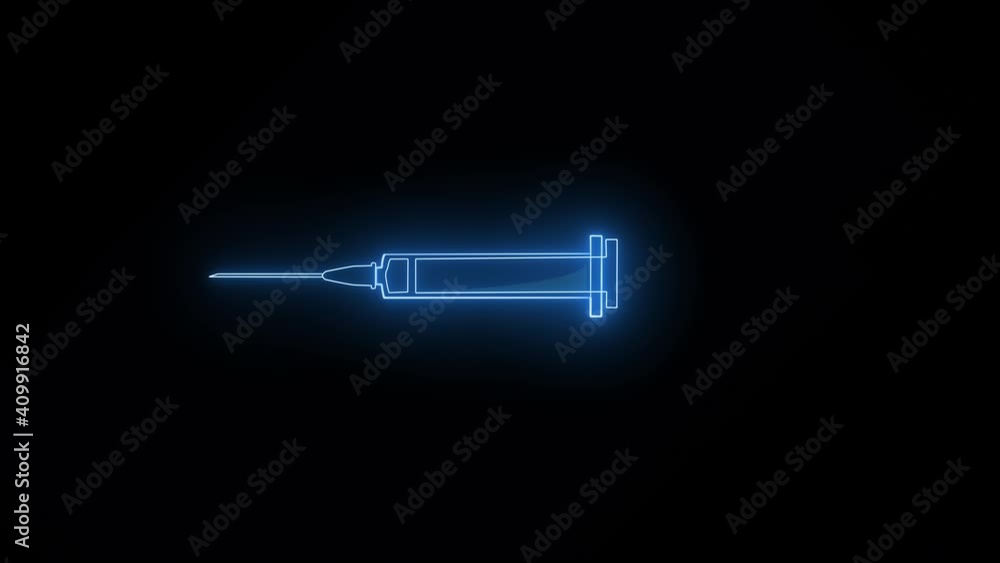Blue glowing neon Syringe or injection 2d icon animated, 4K Video motion graphic animation, isolated on black background. Blue glowing neon Syringe or injection 2d icon animated, 4K Video motion graphic animation, isolated on black background.