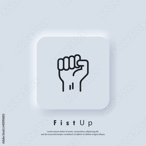 Fist up. Success, strenght concept. Fist of a man's hand. Protest. Vector. UI icon. Neumorphic UI UX white user interface web button.