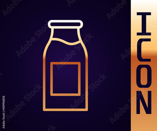 Gold line Closed glass bottle with milk icon isolated on black background. Vector Illustration.