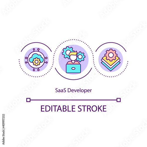 SaaS developer concept icon. Distribution model lets users access applications hosted online. Software service idea thin line illustration. Vector isolated outline RGB color drawing. Editable stroke