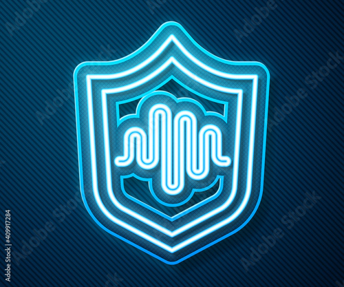 Glowing neon line Shield voice recognition icon isolated on blue background. Voice biometric access authentication for personal identity recognition. Vector.