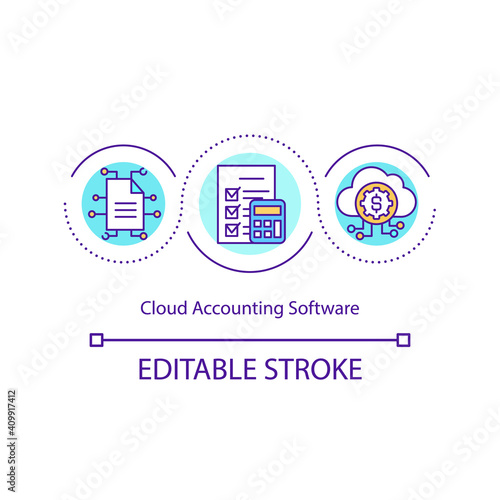 Cloud accounting software concept icon. Software that is delivered through internet to control finances. Tech idea thin line illustration. Vector isolated outline RGB color drawing. Editable stroke