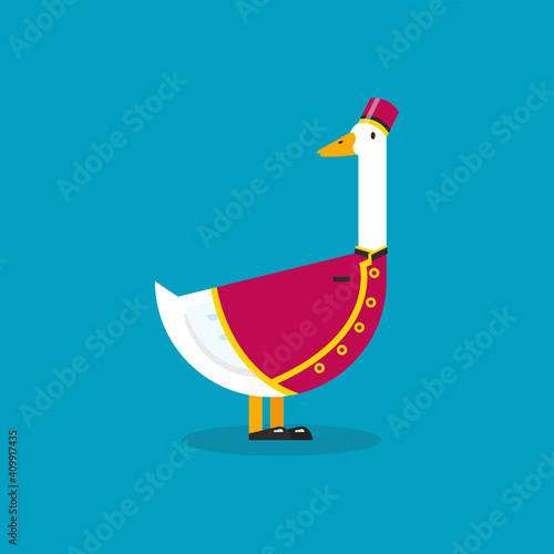 Goose wearing bellboy uniform