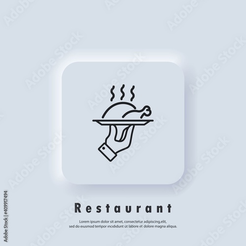 Restaurant icon. Food tray. Chicken on a tray line icon. Roasted poultry meat hot steaming dish. Vector. Neumorphic UI UX white user interface web button. Neumorphism