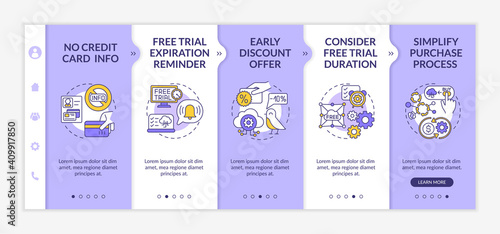 Free software as service trial onboarding vector template. Expiration reminder. Simplifying purchase process. Responsive mobile website with icons. Webpage walkthrough step screens. RGB color concept