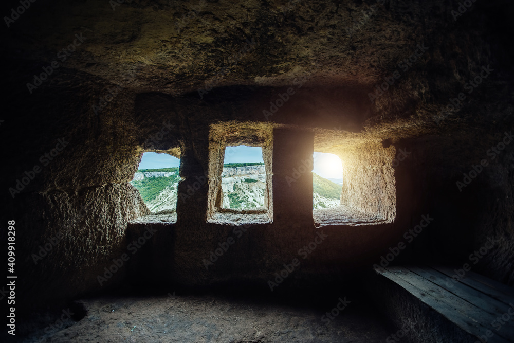 Room inside ancient cave city Chufut Kale, Bakhchisaray, Crimea