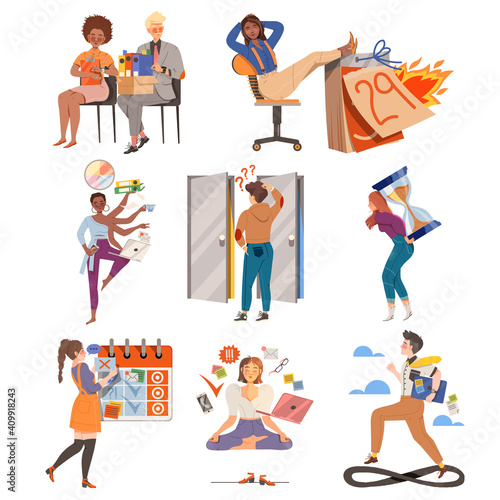 Time Management with People Characters Multitasking and Organizing their Time Vector Illustration Set