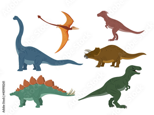 Different type of dinosaurs illustration. Dinosaurs cartoon character. Brachiosaurus, pterodactyl, tyrannosaurus rex, dinosaur skeleton, triceratops stegosaurus