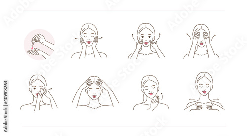 Beauty Girl Take Care of her Face and Applying Cosmetic Serum Oil. Woman Making Facial Massage by Lines. Skin Care Routine, Hygiene and Moisturizing Concept. Flat Vector Illustration and Icons set.