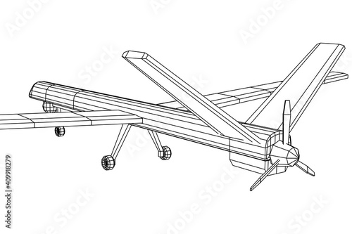 Military drone combat unmanned aerial vehicle. Recon aircraft plane. Wireframe low poly mesh vector illustration.