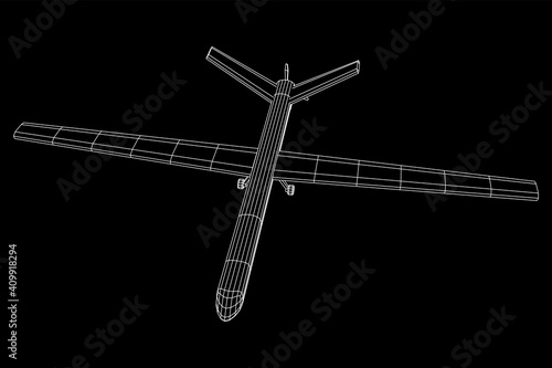 Military drone combat unmanned aerial vehicle. Recon aircraft plane. Wireframe low poly mesh vector illustration.