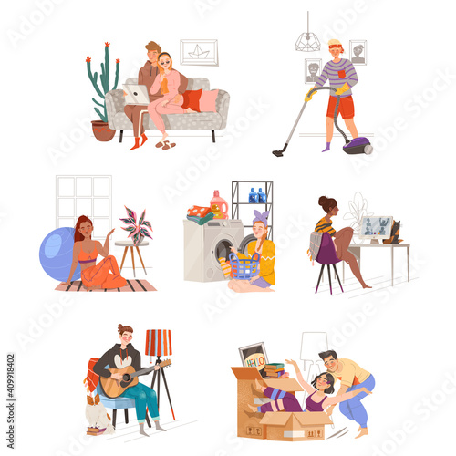People Characters Spending Weekend at Home Vector Illustration Set