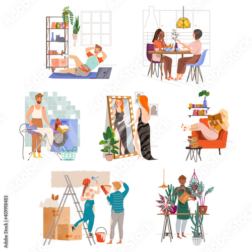People Characters Spending Weekend at Home Vector Illustration Set