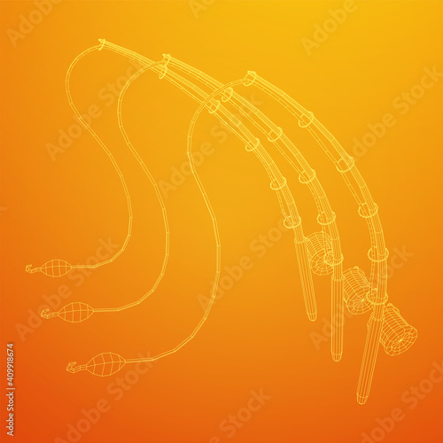 Fishing rod with line sinker and hook. Wireframe low poly mesh vector illustration.