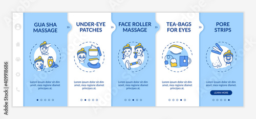 At-home facial treatment procedures onboarding vector template. Under-eye patches. Tea-bags for eyes. Responsive mobile website with icons. Webpage walkthrough step screens. RGB color concept
