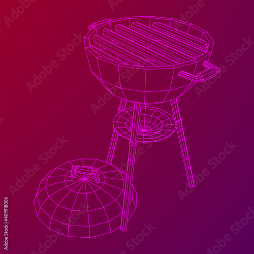 Round barbecue grill. Outdoor bbq party. Wireframe low poly mesh vector illustration