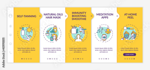 At-home beauty remedies onboarding vector template. Self-tanning. Immunity-boosting smoothie. Yoga app. Responsive mobile website with icons. Webpage walkthrough step screens. RGB color concept