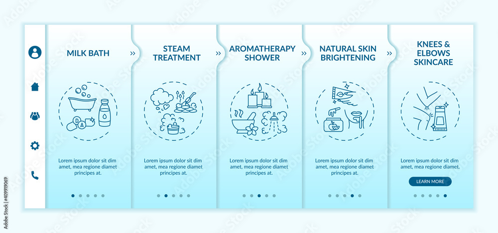 Naklejka premium At-home spa routine onboarding vector template. Steam treatment. Natural skin brightening. Elbows skincare. Responsive mobile website with icons. Webpage walkthrough step screens. RGB color concept