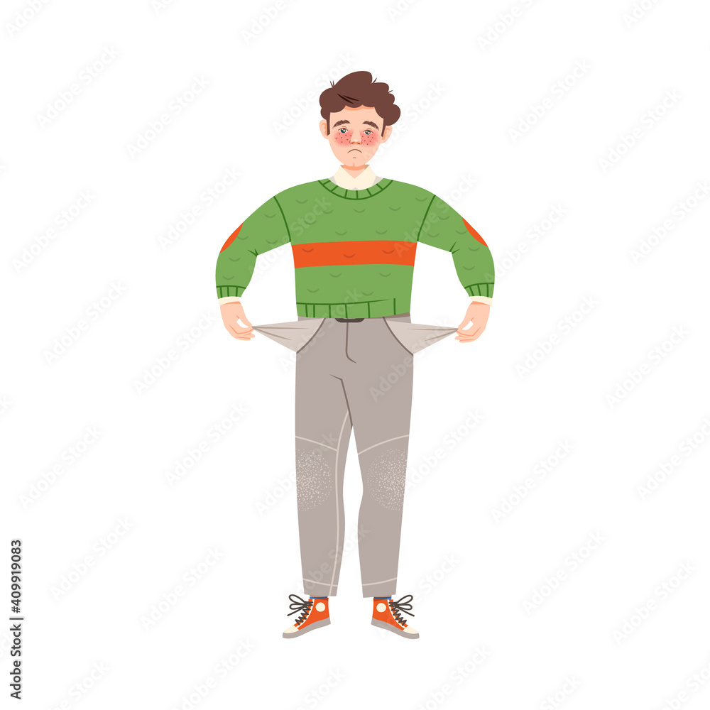 Fototapeta premium Sad Freckled Man Standing with Empty Pockets Vector Illustration