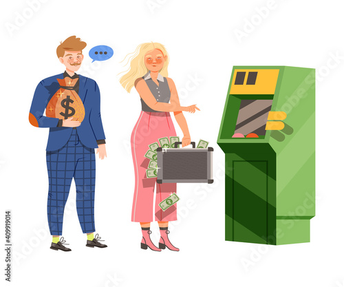 Male and Female Near Cashpoint Machine Holding Sack with Coins and Suitcase with Dollar Banknotes Vector Illustration