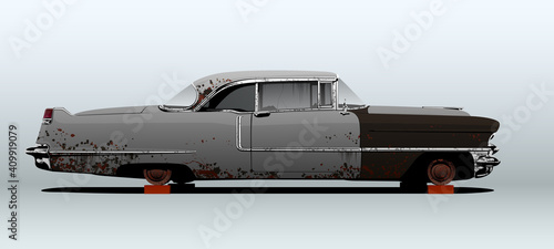 Rusty car, view from side. Vector illustration.

