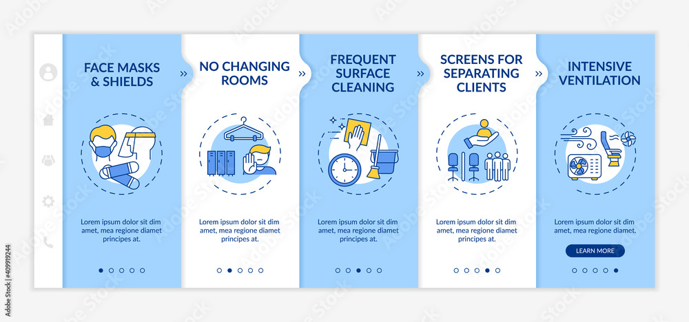 Beauty salon safety during pandemic onboarding vector template. Face masks. Frequent surface cleaning. Responsive mobile website with icons. Webpage walkthrough step screens. RGB color concept
