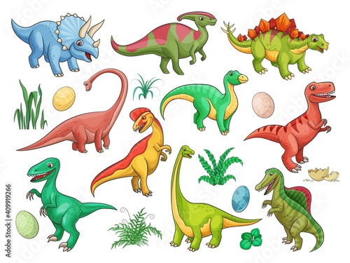 Dinosaur cartoon vector characters with cute baby dino animals and eggs. Funny triceratops  stegosaurus and raptor  brontosaurus  t-rex  spinosaurus and tyrannosaurus  brachiosaurus and dilophosaurus