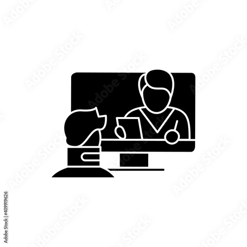 Telerehabilitation glyth icon. Telehealth medical care.Virtual rehabilitologist consultation.Telemedicine, health care concept.Online medicine, orthopedics. Isolated silhouette vector illustration