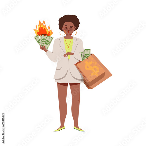 Woman with Shopping Bag Holding Burning Dollar Banknote as Money Spending Vector Illustration