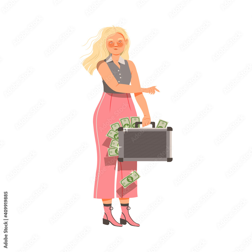 Female Holding Suitcase with Dollar Banknotes Vector Illustration