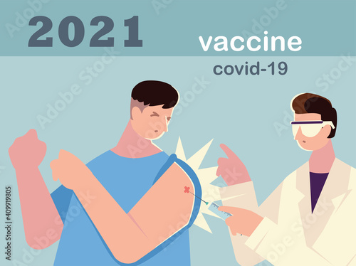 doctor injecting a patient, getting first shot of covid vaccine