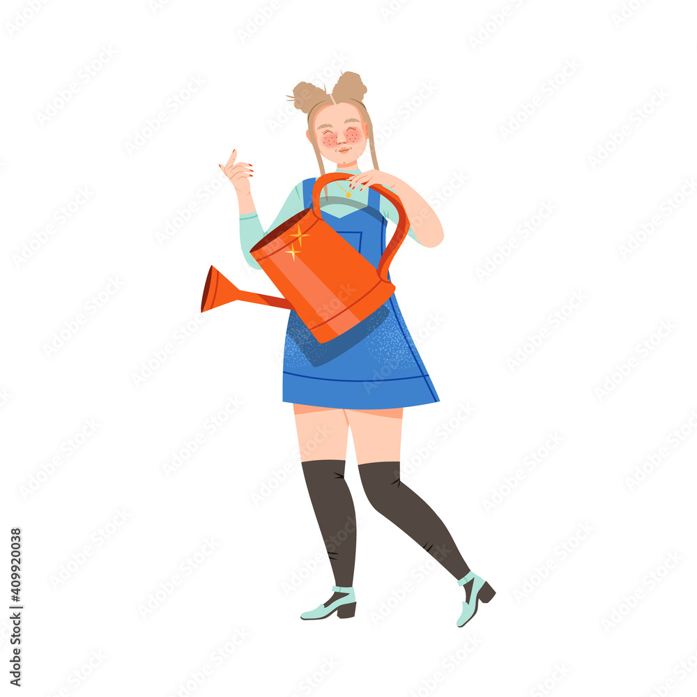 Young Woman Holding Watering Can Engaged in Gardening Activity Vector Illustration Young Woman Holding Watering Can Engaged in Gardening Activity Vector Illustration