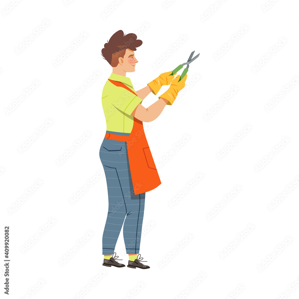 Young Man in Apron Holding Garden Pruner and Cutting Plant Vector Illustration Young Man in Apron Holding Garden Pruner and Cutting Plant Vector Illustration