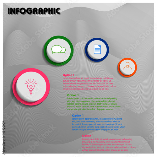 Infographic template design with four option 3D button icon and text title and description